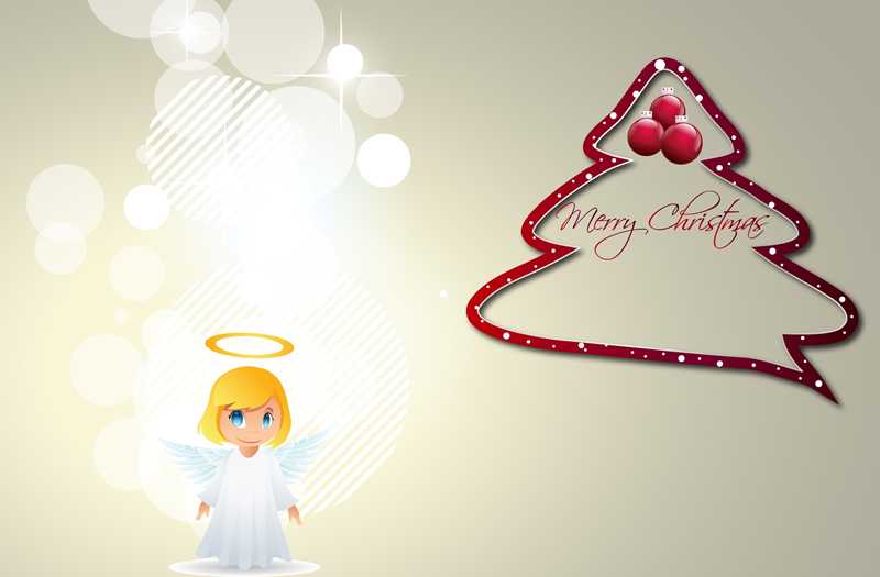 Immagine con angelo e albero di Natale con scritta in inglese buon Natale (Merry Christmas)