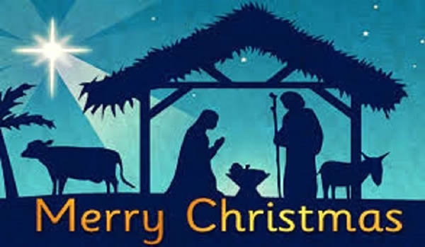 Immagine con rappresentazione della natività e scritta Merry Christmas