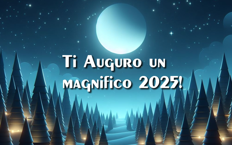 Immagine di Natale di notte con abeti e felice anno nuovo 2024 con testo: Ti auguro un meraviglioso capodanno
