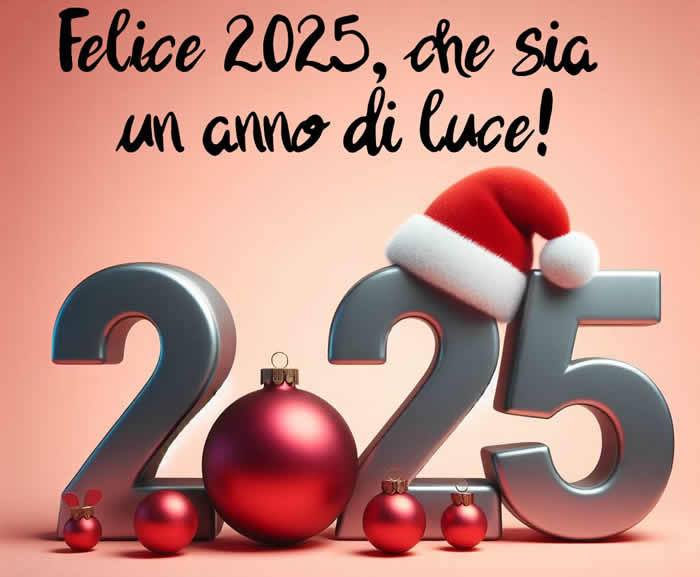 Immagine con 2025 con cappello di babbo natale e decorazioni con messaggio di auguri di fine anno