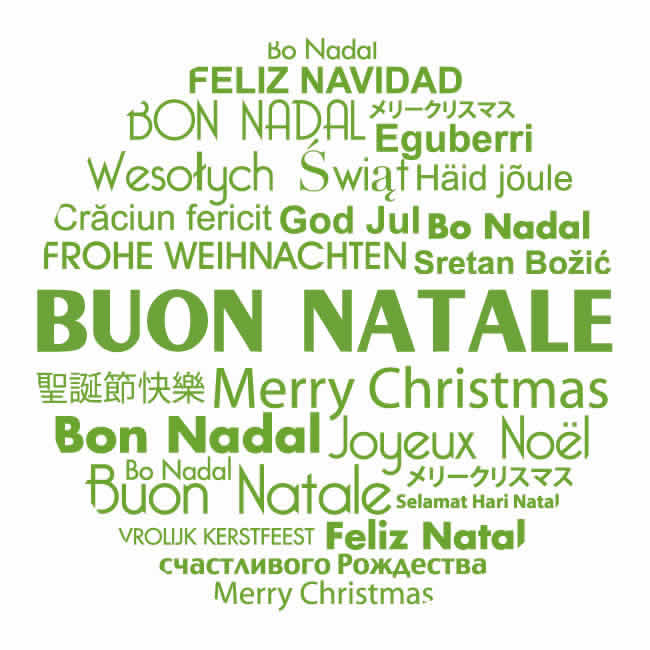 immagine con testo racchiuso in un cerchio di Buon Natale tradotto in molte lingue diverse