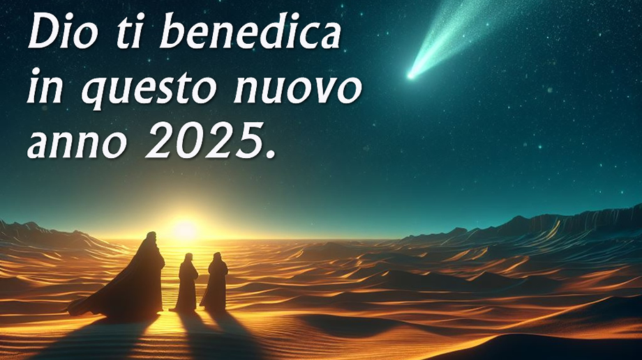 Immagine religiosa cristiana con i Re Magi che seguono la stella cometa con messaggio spirituale di benedizione per un Buon Natale e Felice 2025