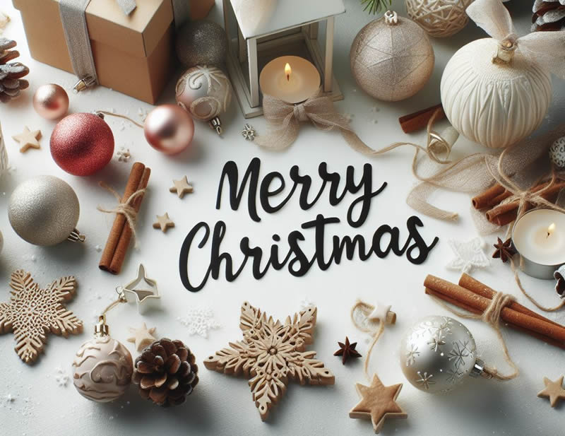 immagine con decorazioni natalizie testo di auguri di buon Natale in inglese
