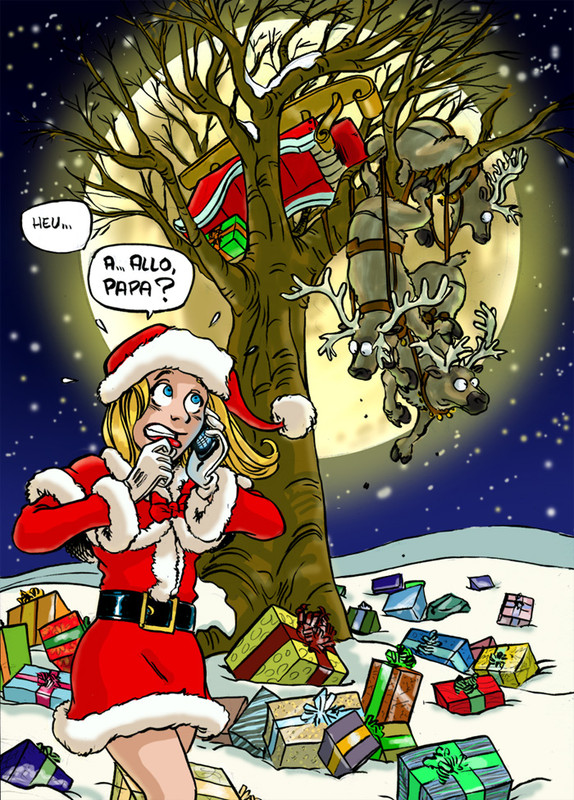 Immagine umoristica con la figlia di Babbo Natale che chiama il papà per un piccolo incidente avuto con la sua slitta che con le renne è finita su un albero.