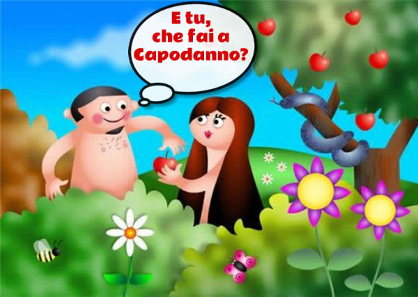 Vignetta umoristica con Adamo ed Eva nel giardino dell'eden